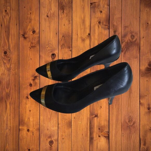 Dune London Women's EU 37 (6.5/7) Black Pointed Toe Gold Accent Pumps Heels - Picture 3 of 9